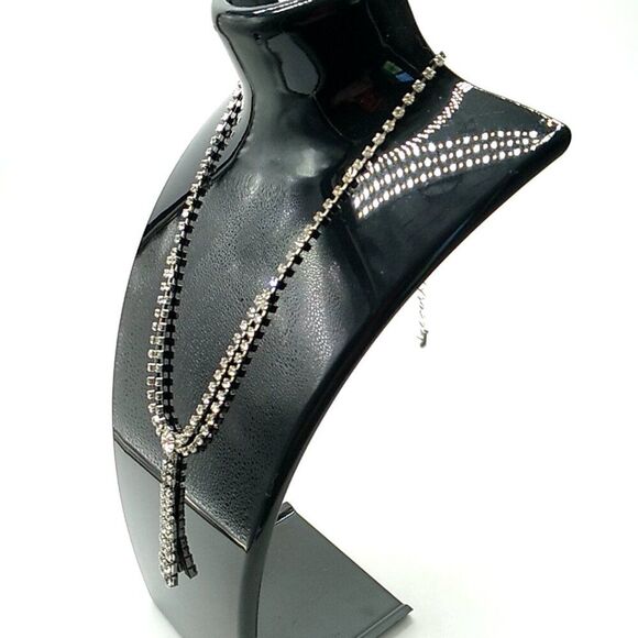 Clear Rhinestone Necklace Vintage Two Strand Bib Style Choker Dangle Drop Pendan - Picture 4 of 7